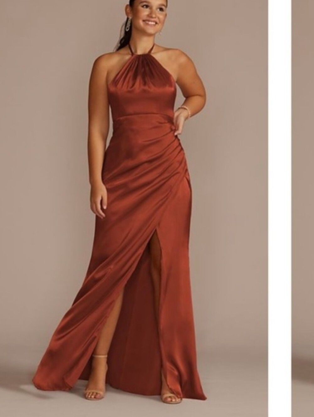 Galina Signature satin feel halter side slit bridesmaid dress in cinnamon 12